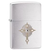 28804 Zippo öngyújtó, csiszolt króm színben - Kereszt Swarovski krilyállyal díszítve