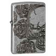 28988 Zippo öngyújtó, antikolt ezüst színben - Koponya rózsákkal