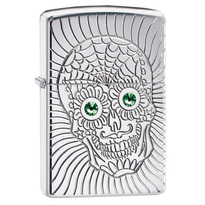 49172 Zippo öngyújtó magasfényű króm, Sugar Skull minta, Swarovski kristályokkal díszített