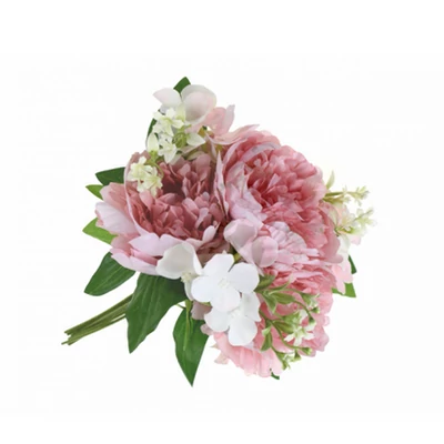 Selyemvirág csokor bazsarózsa+hortenzia 7fej 30cm rózsaszín
