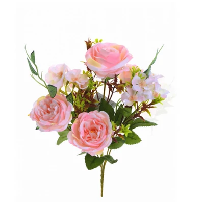Selyemvirág csokor rózsa 6fej 32cm rózsaszín