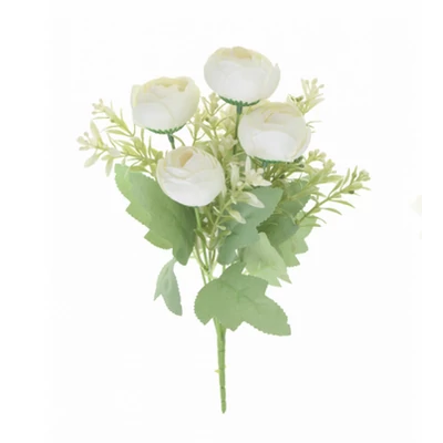 Selyemvirág tearózsa csokor 33cm 5fej fehér