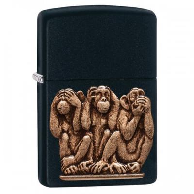 29409 Zippo öngyújtó, Matt fekete - Három majom,  Ne szólj! Ne láss! Ne hallj!