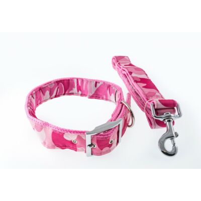 Rózsaszín terepmintás kutyanyakörv és póráz szett, 4.0 cm
