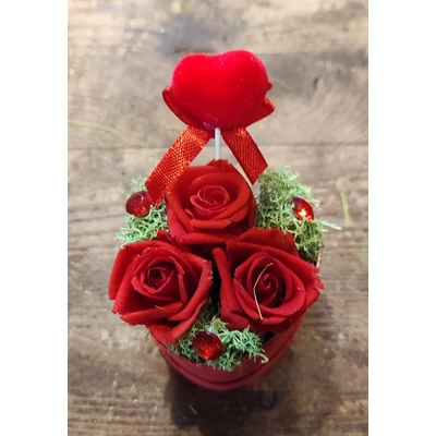 Örökrózsa szív alakú piros díszdobozban 6x6cm-es