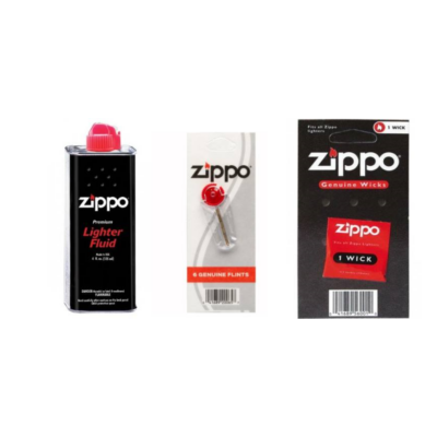 1 db Zippo benzin 125 ml,  1 db Zippo Tűzkő,  1 db Zippo kanóc  csomag