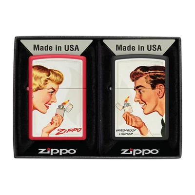 Zippo régi, retró hirdetés piros és fekete matt két öngyújtó ajándékkészlet 46295